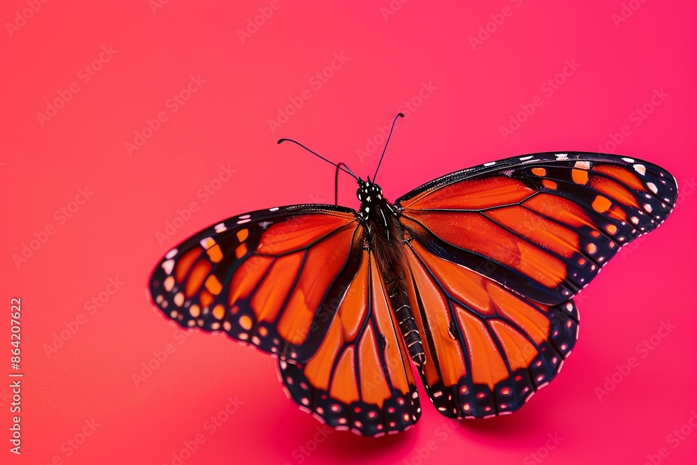Naklejka premium Realistic photography of a monarch butterfly, against a vibrant magenta background, showcasing intricate wing patterns up close
