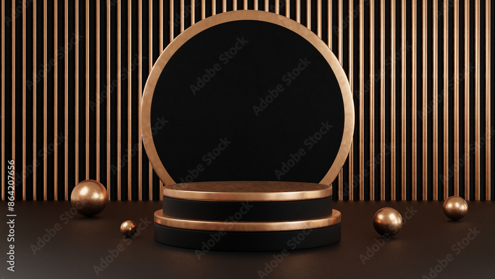 3D Render Simple circular background podium with strip background and a few sphere. Black and copper color. 3D Render Simple circular background podium with strip background and a few sphere. Black and copper color.