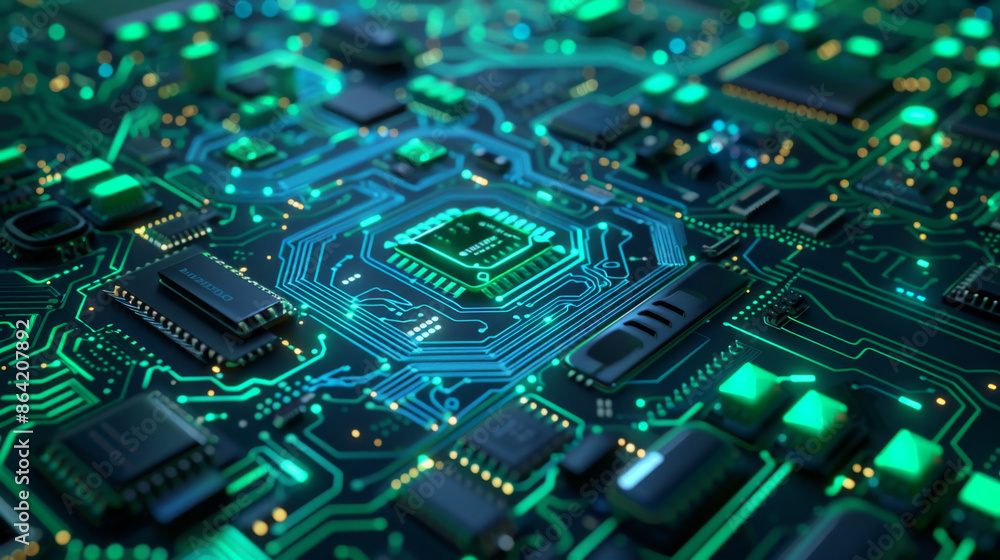 Intricate green and blue circuit board pathways under soft lighting. Intricate green and blue circuit board pathways under soft lighting.
