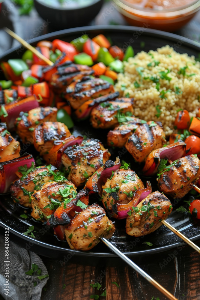 Delicious grilled chicken skewers served with vegetables and couscous on elegant plates. Delicious grilled chicken skewers served with vegetables and couscous on elegant plates.