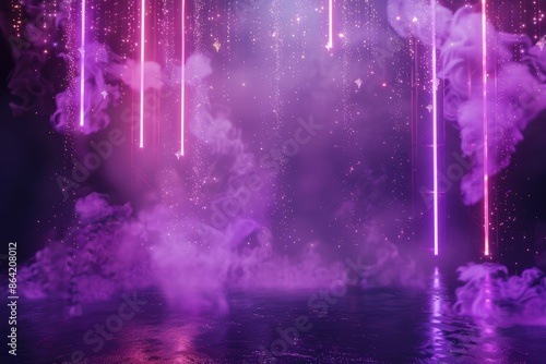 Dark abstract stage, empty with purple smoke, neon lights, and sparkles photo