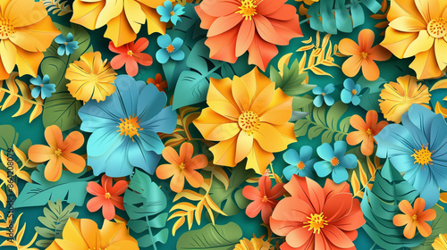 3D Illustration of Red, Orange, Yellow, and Blue Flowers with Green Leaves on Dark Greenish Blue Background in Seamless Pattern © @foxfotoco