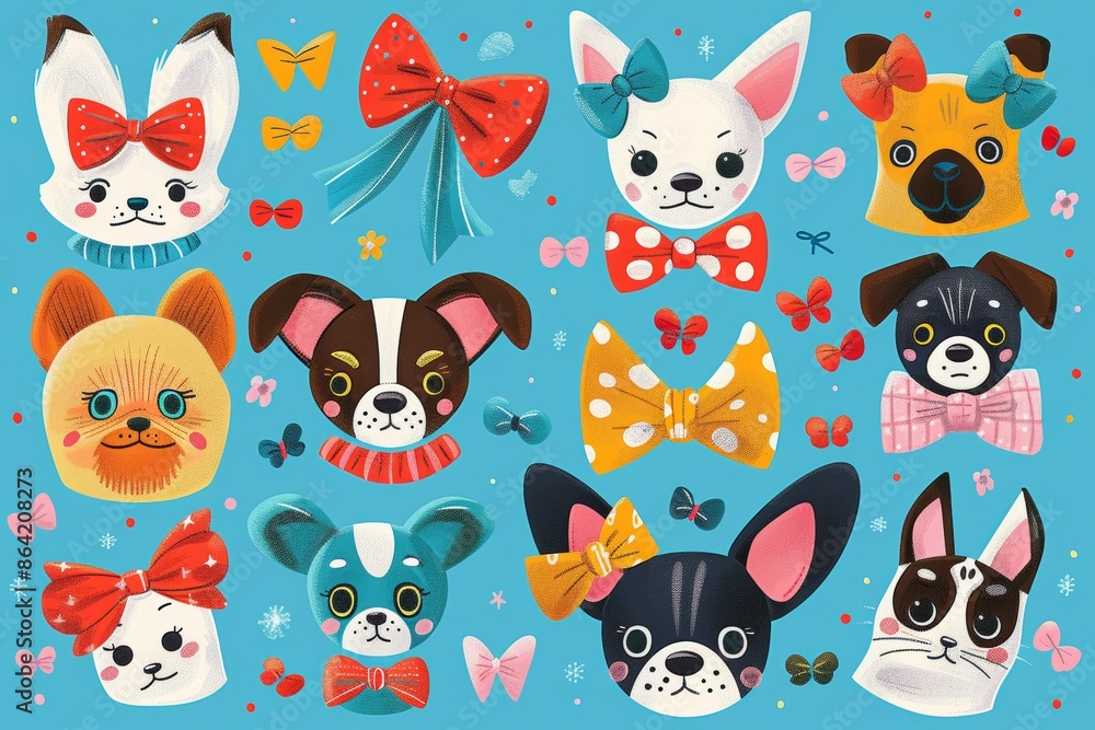 Obraz premium International Bow Day - cute animals wearing bows, with bow flat illustration