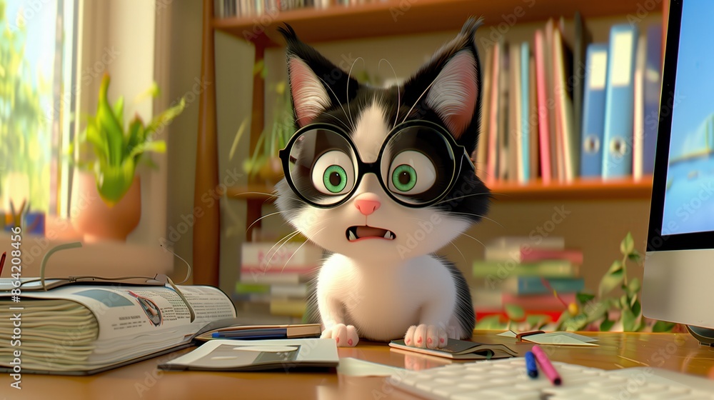 Cute and surprised animated cat with glasses sitting at a cluttered desk, surrounded by books and stationery. Cute and surprised animated cat with glasses sitting at a cluttered desk, surrounded by books and stationery.