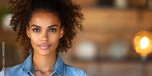 Confident young African American woman in denim shirt exudes seriousness. Concept Portrait photography, Fashion photography, African American culture, Serious expression, Denim shirt, photo