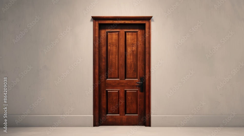 Elegant wooden door with intricate detailing on a plain wall background, perfect for interior design and architectural themes. Elegant wooden door with intricate detailing on a plain wall background, perfect for interior design and architectural themes.