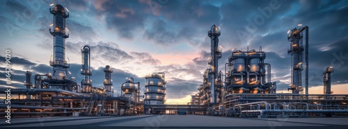 Industrial Refinery Complex at Sunset With Cloudy Sky