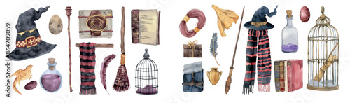 Decorative watercolor drawing of magical, witchcraft items. This drawing is suitable for kids and is titled "School of Witchcraft and Magic Wizard".