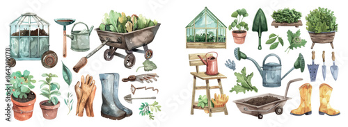 An isolated watercolor illustration of a greenhouse and a set of gardening tools in the garden. Hand drawn work in the garden, isolated on a white background.