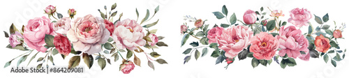 A bouquet of retro peonies painted in watercolors, with a clipping path included to allow for fast isolation.