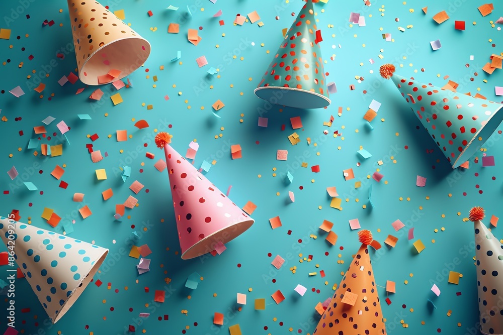 Cinematic photography of colorful confetti falling from birthday party hats on a vibrant turquoise background Cinematic photography of colorful confetti falling from birthday party hats on a vibrant turquoise background