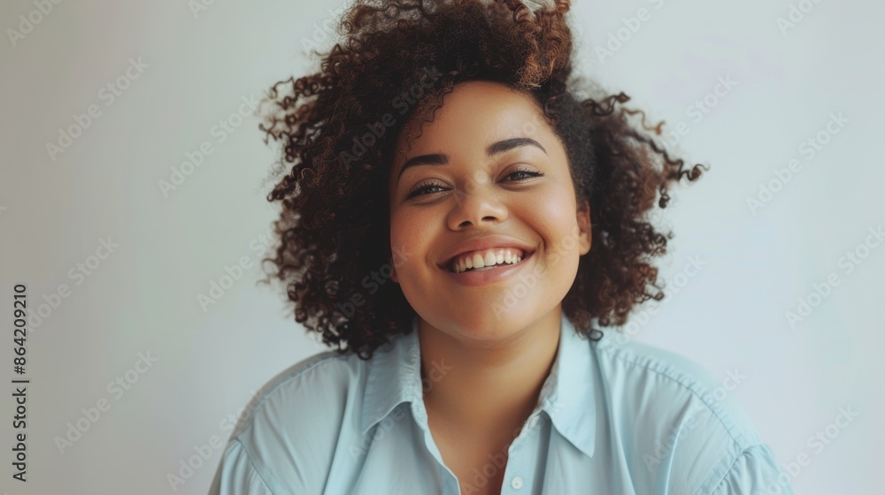Smiling plus size woman with natural makeup wearing a light blue shirt Smiling plus size woman with natural makeup wearing a light blue shirt