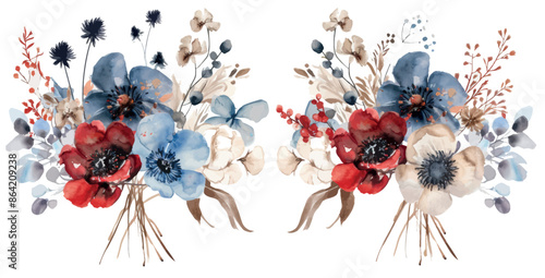 Collection of vintage red blue flower arrangements in watercolor