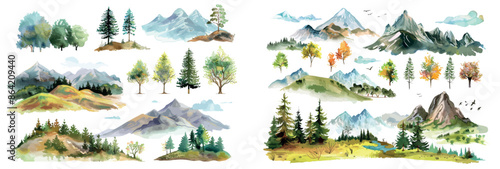 Four styles, times of day watercolor landscape paintings with a tree, hill, and star. A star is isolated on the bottom right.