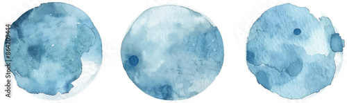 A set of sky blue watercolor circles with gradient stains. Round backgrounds with uneven edges. Templates for cards, posters, banners. Collection of hand drawn aquarelle textures.