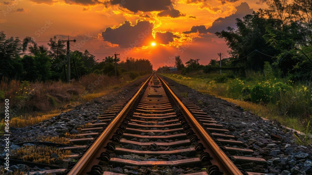 Scenic railway tracks at sunset with golden sky Scenic railway tracks at sunset with golden sky