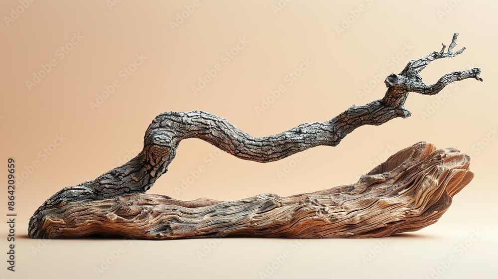 Fototapeta premium Elegant Wooden Podium Crafted from Tree Branches and Roots on Beige Background