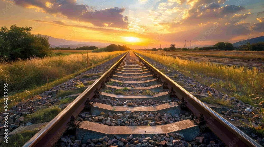Railway tracks leading towards a sunset over rolling hills Railway tracks leading towards a sunset over rolling hills