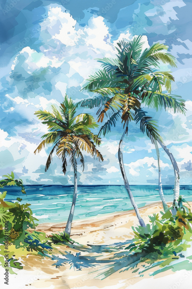 Fototapeta premium Vibrant watercolor palm trees on a beach with ocean backdrop, perfect for summer designs.