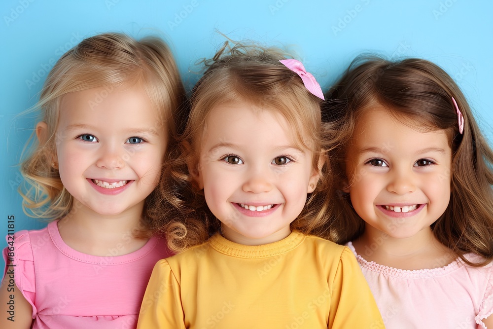 Three cute little girls smiling, wearing bright and hair buns, standing in front of the camera on an isolated blue background. The first girl has long blonde curly hair tied back with pink bows, she i Three cute little girls smiling, wearing bright and hair buns, standing in front of the camera on an isolated blue background. The first girl has long blonde curly hair tied back with pink bows, she i