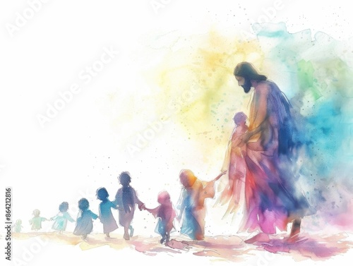 Jesus Blessing Children in Serene Watercolor Artwork photo