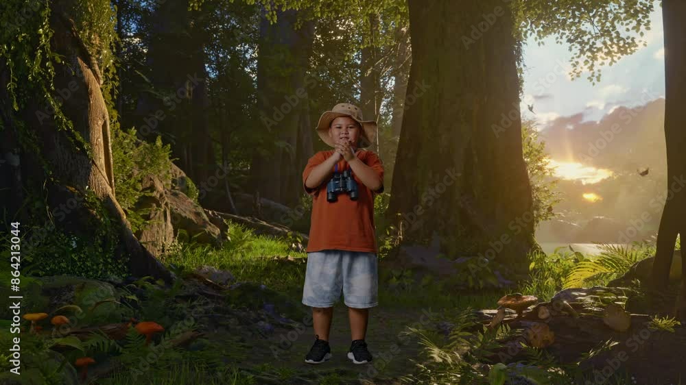 Asian Boy With A Hat Clapping Hands After Looking Through The Binoculars. Boy Researcher Examines Something While Exploring Forest Nature, Travel Tourism Adventure Concept, Full Body Asian Boy With A Hat Clapping Hands After Looking Through The Binoculars. Boy Researcher Examines Something While Exploring Forest Nature, Travel Tourism Adventure Concept, Full Body