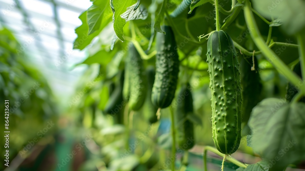 Fresh Organic Cucumbers Growing on Vine in Lush Green Garden Fresh Organic Cucumbers Growing on Vine in Lush Green Garden