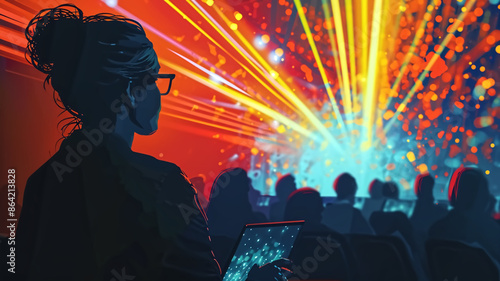 Person Watching a Vibrant Light Show with Digital Tablet in Hand at a Modern Event