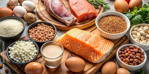 Close up of various high protein foods including chicken, eggs, salmon, tofu, beans, and nuts , protein, high protein, food, healthy photo
