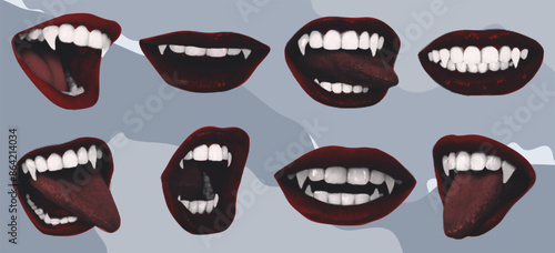 Collection of halftone vampire lips collages with red lipstick and fangs