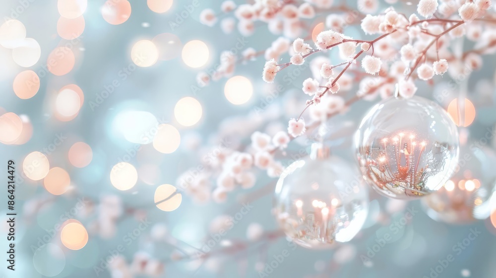 Elegant Christmas ornaments on delicate branches with soft bokeh lights in the background, exuding a serene holiday atmosphere. Elegant Christmas ornaments on delicate branches with soft bokeh lights in the background, exuding a serene holiday atmosphere.