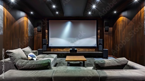 High-tech home theater with a large screen and surround sound speakers