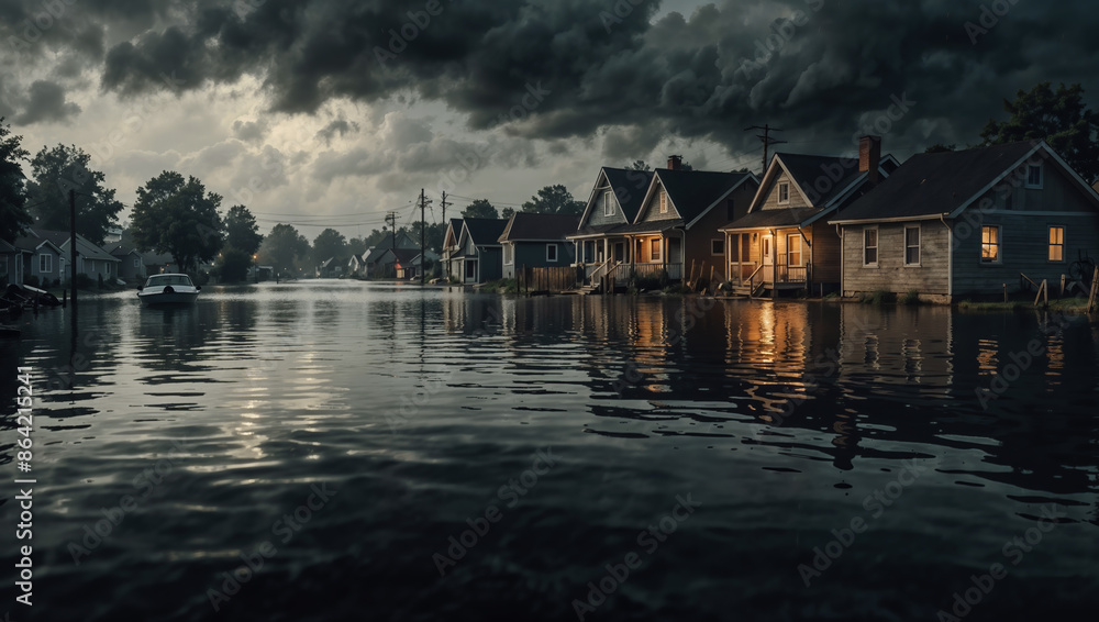 Fototapeta premium Flooded neighborhood with houses submerged under water during storm surge
