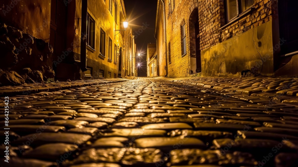 Mysterious Nighttime Brick Street with Shadowy Figures and Dim Lamps Mysterious Nighttime Brick Street with Shadowy Figures and Dim Lamps