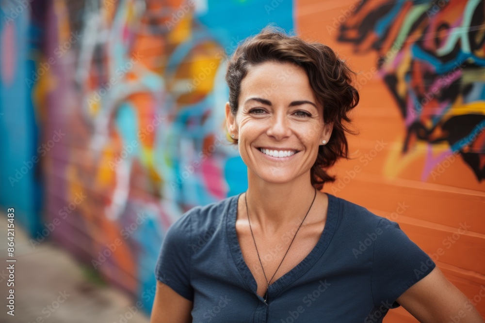 Portrait of a smiling woman in her 40s wearing a sporty polo shirt over colorful graffiti wall Portrait of a smiling woman in her 40s wearing a sporty polo shirt over colorful graffiti wall