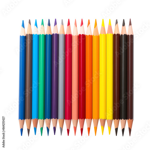 A vibrant selection of colored pencils arranged in a row, showcasing a wide range of colors perfect for artistic and creative projects. photo