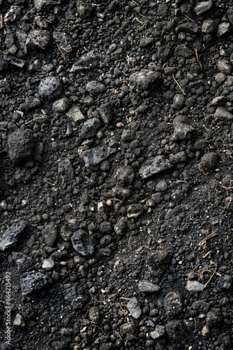 Intricate details of black or dark gray rough soil texture in a captivating background image.