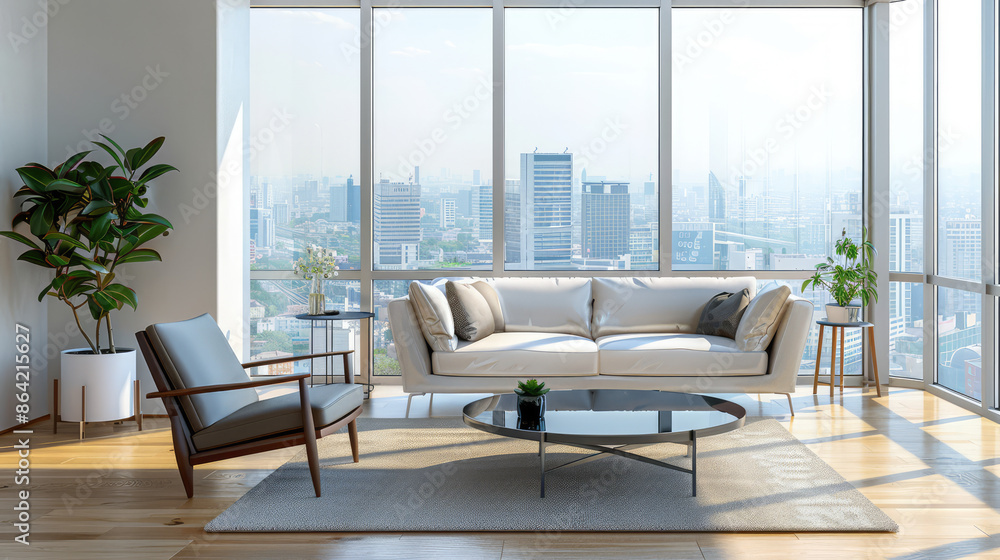 Fototapeta premium Modern city apartment with minimalist furniture large windows and urban view capturing contemporary lifestyle