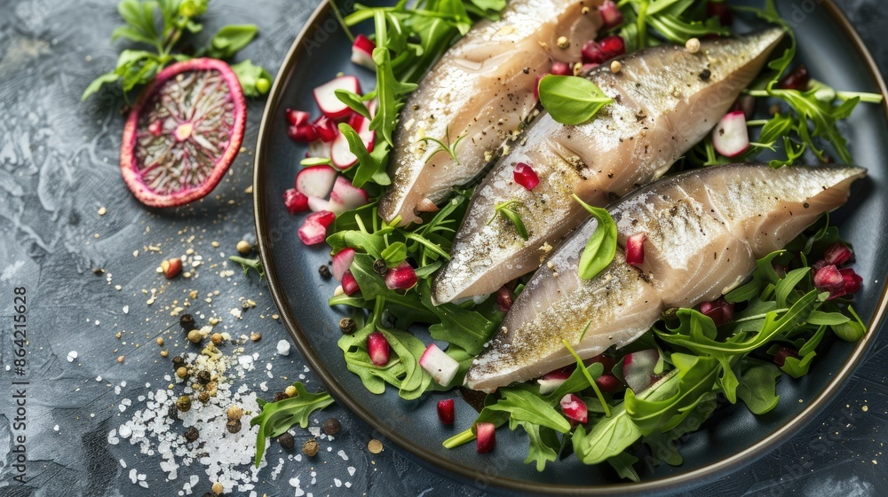 Pickled herring served with a side of fresh greens and seasonings Pickled herring served with a side of fresh greens and seasonings