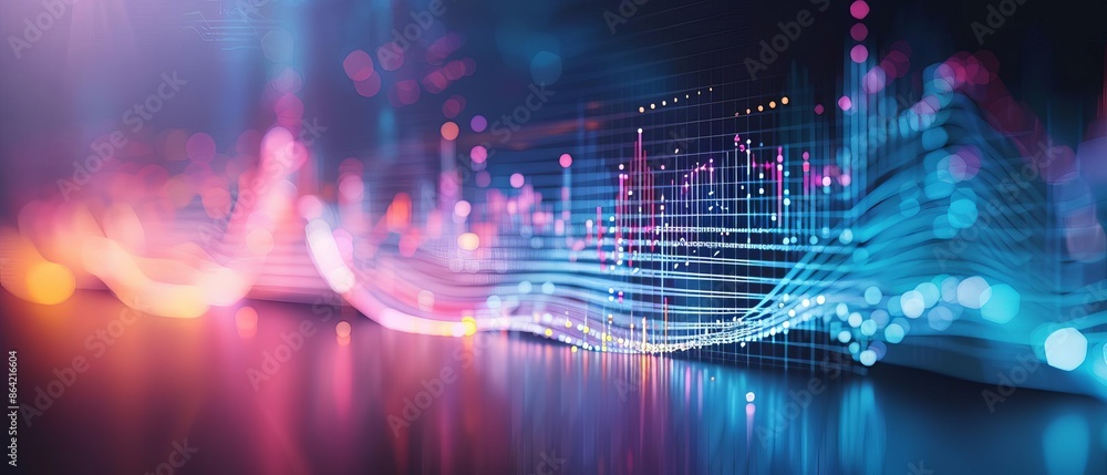 Fototapeta premium Abstract digital wave, radiant colors, modern technology background, glowing light effect, data visualization, futuristic interface concept.