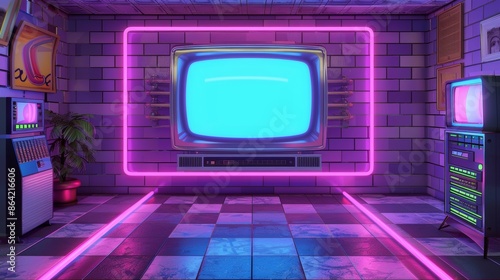 Retro Computer Interface with Neon Lines and Synthwave Aesthetics