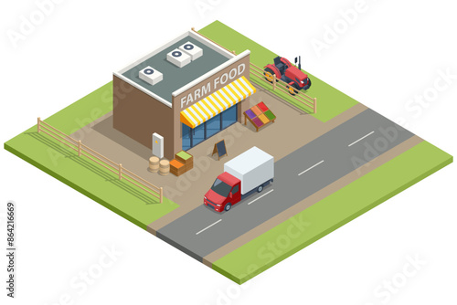 Isometric Farmers selling a Selection of Ecological Fruits and Vegetables at a Farmers Market. Vegetables fair food. Sellers and marketing, Shop and store building