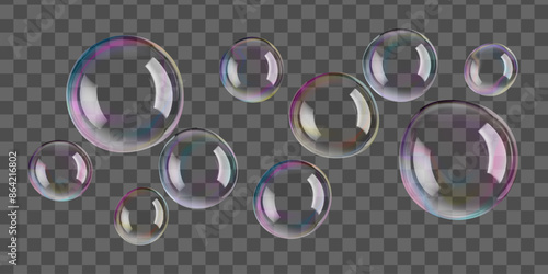 Transparent circle soap bubbles float in bath water, 3D sphere. Rainbow glass ball reflects soap suds. Liquid drops, gradient contrast flare on black wash, design elements for air balloons in wind.