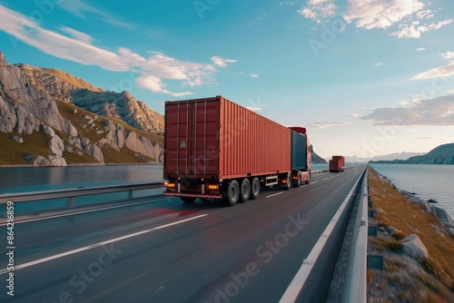 Truck with container on road, cargo transportation concept.