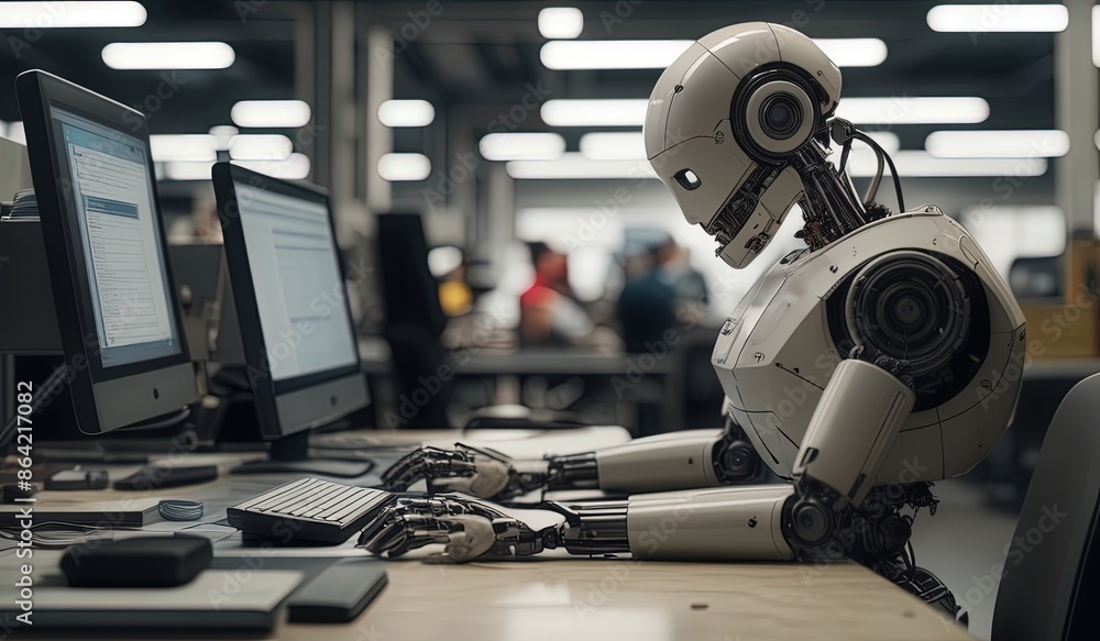 robots work in front of a laptop or computer. robots replace regular employees. Robot intelligence replaces human work. worker robots of the future. robot on the stage robots work in front of a laptop or computer. robots replace regular employees. Robot intelligence replaces human work. worker robots of the future. robot on the stage