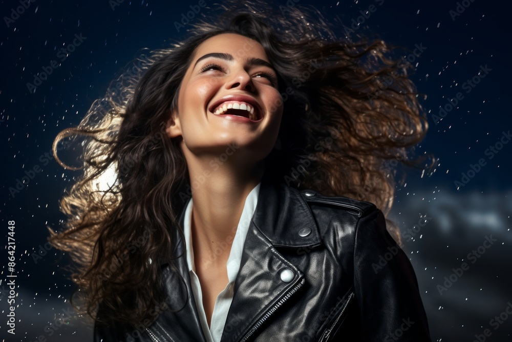 Portrait of a cheerful woman in her 30s sporting a stylish leather blazer in front of sparkling night sky Portrait of a cheerful woman in her 30s sporting a stylish leather blazer in front of sparkling night sky