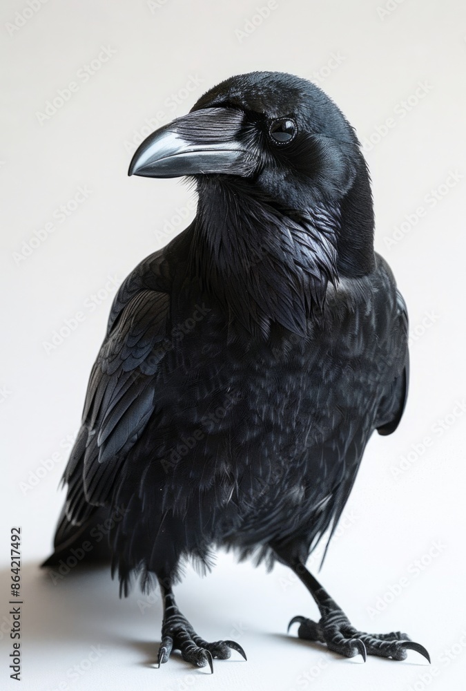 Fototapeta premium Elegant Black Raven Portrait Detailed Feather Texture for Educational and Artistic Uses