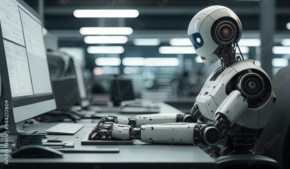 robots work in front of a laptop or computer. robots replace regular employees. Robot intelligence replaces human work. worker robots of the future. robot on the stage robots work in front of a laptop or computer. robots replace regular employees. Robot intelligence replaces human work. worker robots of the future. robot on the stage