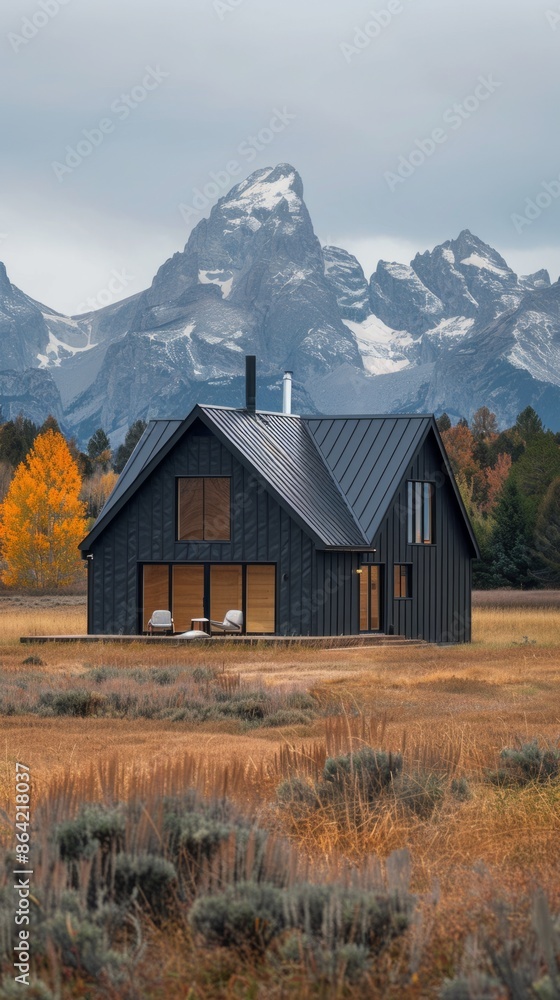 Modern Black House in Fall Mountain Landscape Autumn Colors and Scenic Peaks