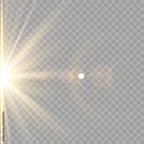 Shining golden star. Light Effect Bright Star, Christmas Star. Gold glowing light explodes. Vector transparent sunlight with special lens flare effect. Flash light effect with special lens. 